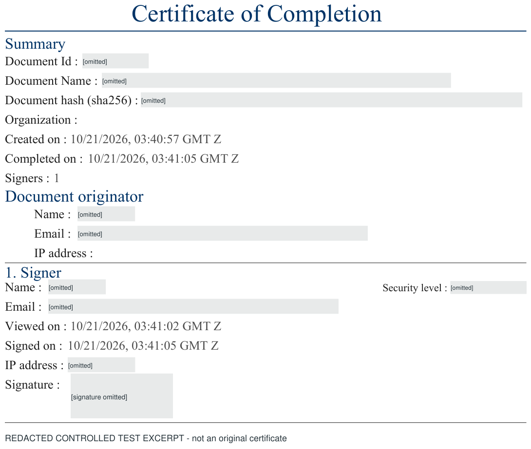 Redacted test completion certificate showing one signer, document summary and created, viewed, signed and completed timestamps. Identifiers, participant details, network address, signature and security-level text are omitted.
